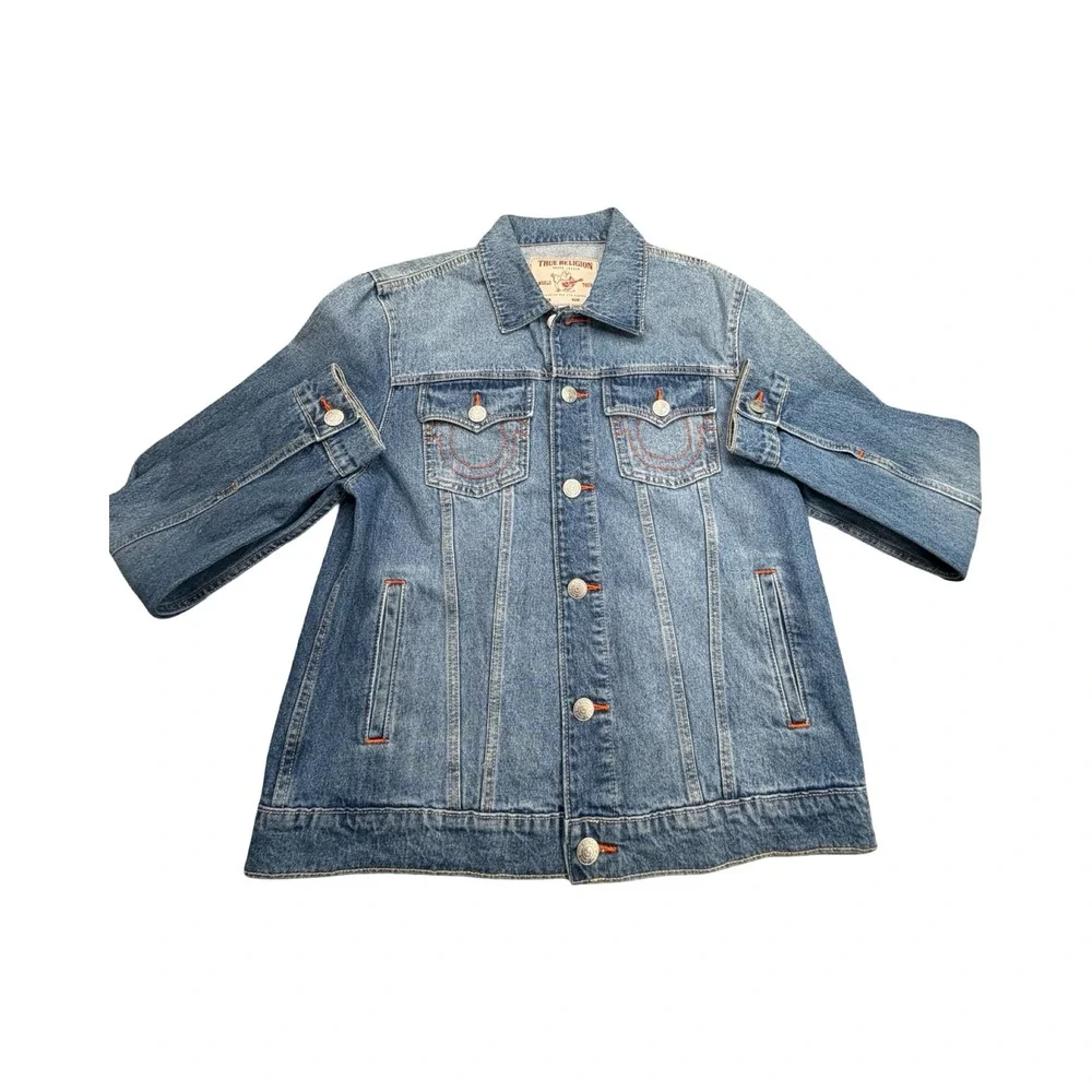 True Religion Denim Jacket Mens Medium Blue World Tour Trucker Horseshoe Stitch